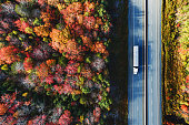 Aerial view of a semi truck driving on a highway on an October morning.