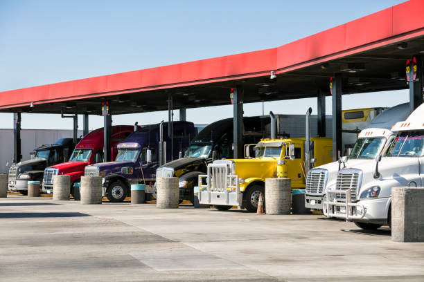 Trucks filling up at truck stop, California, USA stock photo