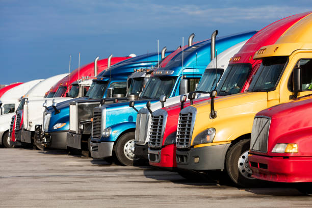 Trucks Parked at Truck Stop, Missouri, USA stock photo