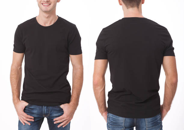 t-shirt design and people concept - close up of young man in blank black t-shirt, shirt, front and rear isolated. Clean shirt mock up for design set. t-shirt design and people concept - close up of young man in blank black t-shirt, shirt, front and rear isolated. blank t shirt stock pictures, royalty-free photos & images