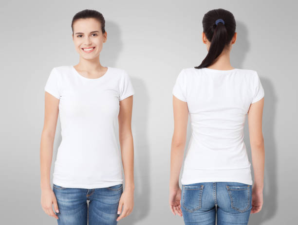T-shirt design and people concept - close up of young woman in blank white shirt, front and rear isolated. Mock up tamplate for design print T-shirt design and people concept - close up of young woman in blank white shirt, front and rear isolated. Mock up tamplate for design print white t shirt stock pictures, royalty-free photos & images