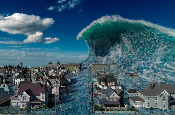 쓰나미 파도 종말의 물보기 도시 홍수 폭풍. 3d 일러스트레이션 - tsunami 뉴스 사진 이미지