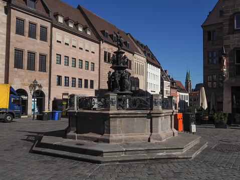 NUERNBERG, GERMANY - CIRCA JUNE 2022: Tugendbrunnen fountain in Lorenzer Platz