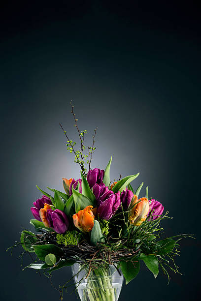 Tulip bouquet in vase on a dark background stock photo