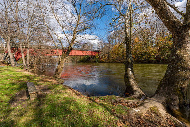 Tulpehocken Creek Spanned by the Wertz "Red" Covered Bridge stock photo