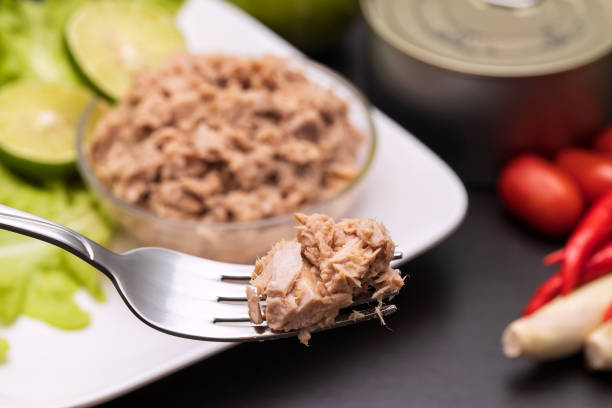 Tuna chunks on fork with Tuna chunks in glass bowl and fresh vegetables, healthy food stock photo