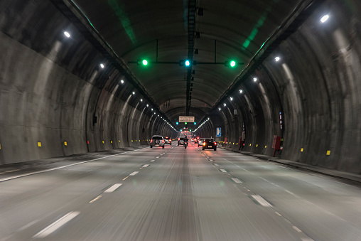 Tunnel with car traffic on the road that goes from the capital of São Paulo to the Santos city. Via Anchieta, Sao Paulo, Brazil.