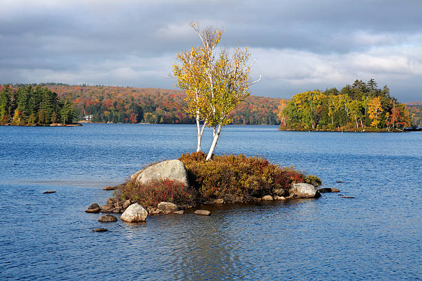 Tupper Lake In Autumn "A Tiny Island In Tupper Lake During Autumn, Adirondack Mountains, New York" tupper lake stock pictures, royalty-free photos & images