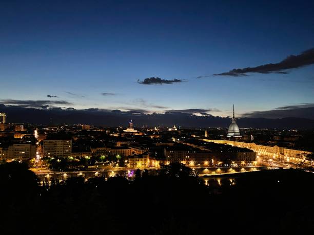 Turin Italy night skyline stock photo