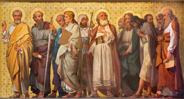 Turin - The symbolic fresco of Twelve apostles Turin - The symbolic fresco of Twelve apostles  in church Chiesa di San Dalmazzo by Enrico Reffo (1914). saints stock pictures, royalty-free photos & images