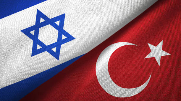 Turkey and Israel two flags together textile cloth fabric texture stock photo
