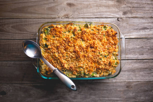Turkey casserole with broccoli, rice and crumbled crackers Used our thanksgiving leftovers for a delicious turkey casserole! casserole stock pictures, royalty-free photos & images