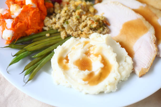Turkey dinner on white plate stock photo