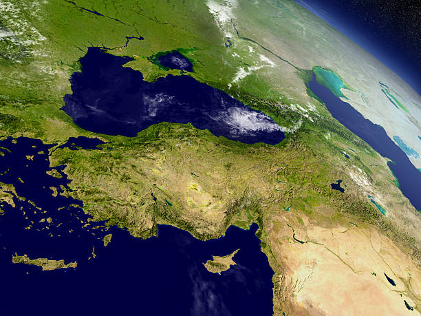 Turkey from space Turkey with surrounding region as seen from Earth's orbit in space. 3D illustration with highly detailed planet surface and clouds in the atmosphere. Elements of this image furnished by NASA.. anatolia stock pictures, royalty-free photos & images