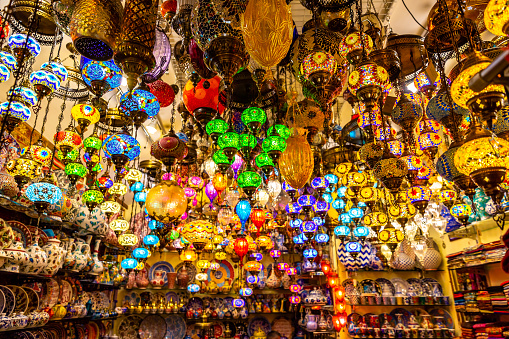 This pic shows beautiful and colorful turkish lamps and lanterns hanging in Grand bazaar in istanbul. The pic is taken in april 2019.