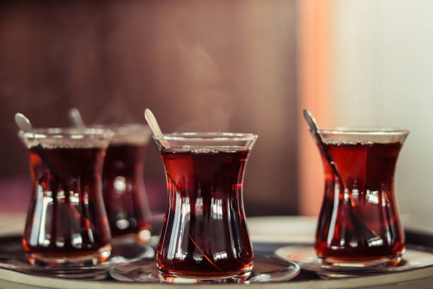 Turkish tea on a tray - Tea service - Tea Glasses stock photo