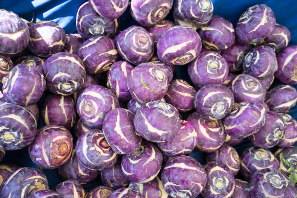 Turnip cabbage (Kohlrabi) on market stall stock photo