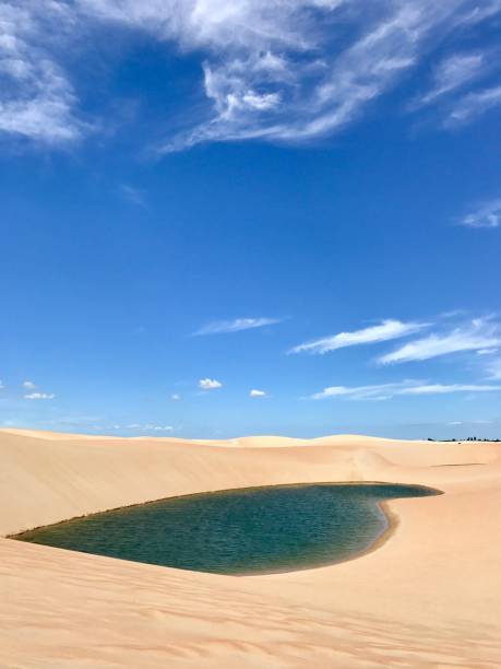 Turquoise green emerald rainwater lake lagoon in the middle of a golden yellow dunes at Jericoacoara Jeriquaquara, Brazil stock photo
