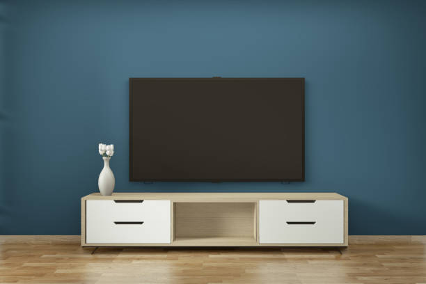 Tv cabinet in zen modern empty room janapese minimal designs, 3d rendering stock photo