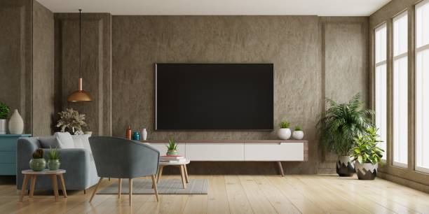 Tv on cabinet the in modern living room Tv on cabinet the in modern living room the concrete wall,3d rendering wall building feature stock pictures, royalty-free photos & images