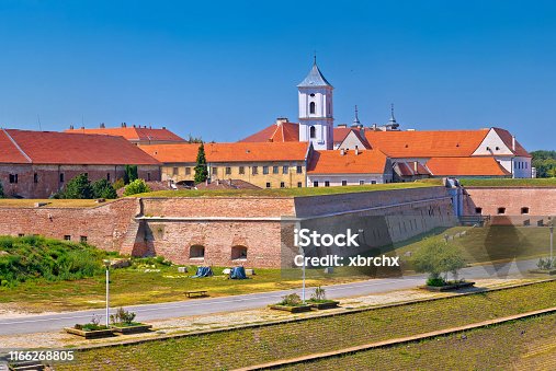 istock Tvrdja old town walls and Drava river walkway in Osijek panoramic view 1166268805