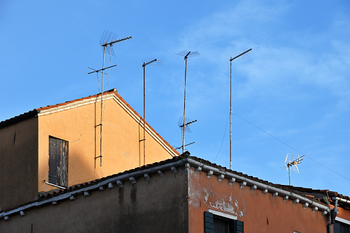 Lots of TV signal antennas on roof at Venice, Italy