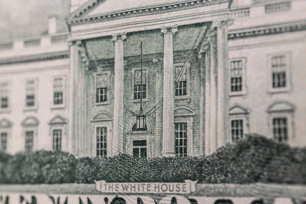 Twenty dollar bill reverse with a close-up of the White House in green ink. stock photo