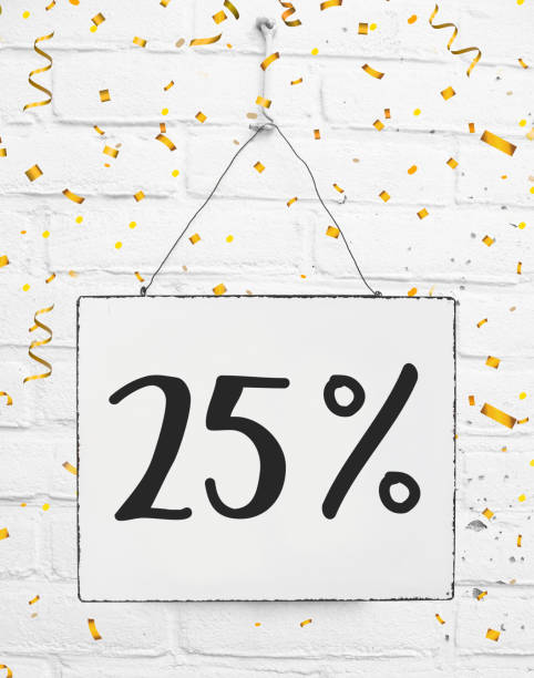Twenty five 25 % percent off sign black friday sale 25% discount golden party confetti banner billboard stock photo