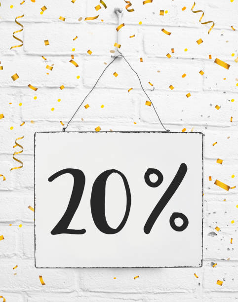 Twenty up to 20 % percent off seoson sale 20% discount sign golden party confetti poster stock photo