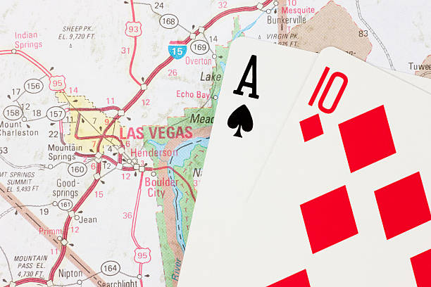 Twenty-One Hand in Blackjack on Map to Las Vegas Nevada stock photo