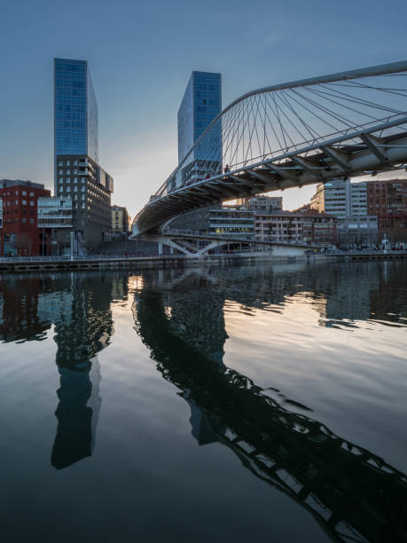 grattacieli gemelli con ponte bianco che attraversa un fiume - asensio foto e immagini stock