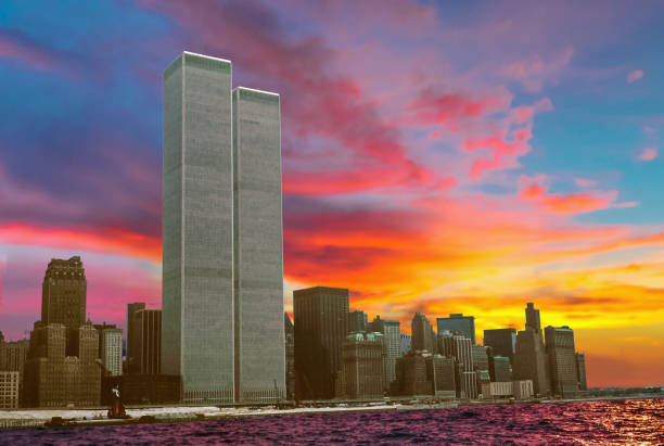 Twin Towers NYC landmark of the Twin Towers at colorful sunset sky. Archival and historical cityscape of New York skyline from New Jersey. Lower Manhattan in NYC, United States. september 11 2001 attacks stock pictures, royalty-free photos & images