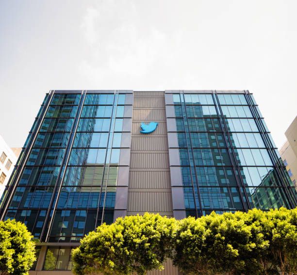 Twitter Headquarters building in San Francisco with  sign on windows Twitter Headquarters building in San Francisco with  sign on windows low angle view headquarters stock pictures, royalty-free photos & images
