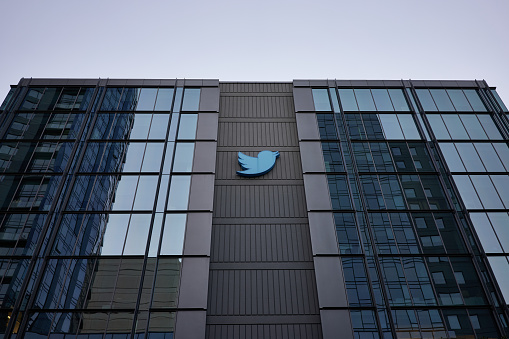 San Francisco, CA, USA - Feb 9, 2020: American microblogging and social networking service company Twitter's Headquarters in San Francisco, California, in the evening.