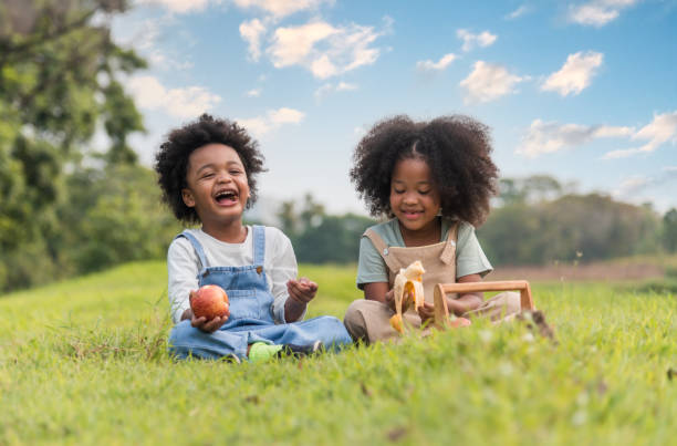 Two African dark skinned children boy and girl sitting on field grass and eating fruits together in parks and outdoors. stock photo