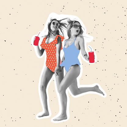 Two beautiful girls in swimming suits with lemonade on light background. Contemporary art collage, modern design. Copy space for ad. Conceptual bright art collage. Party time, fun summer mood.