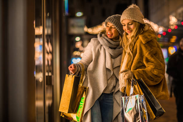 Two Beautiful Women at Winter Shopping stock photo