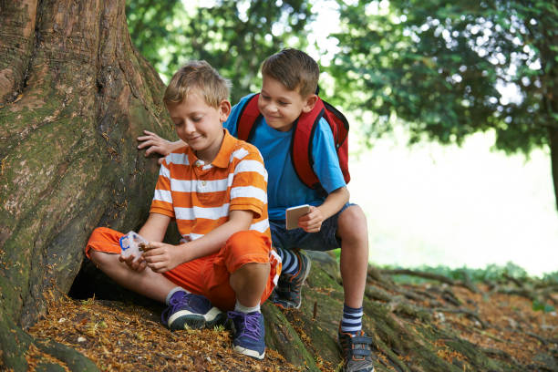 Two Boys Finding Item Whilst Geocaching In Forest stock photo