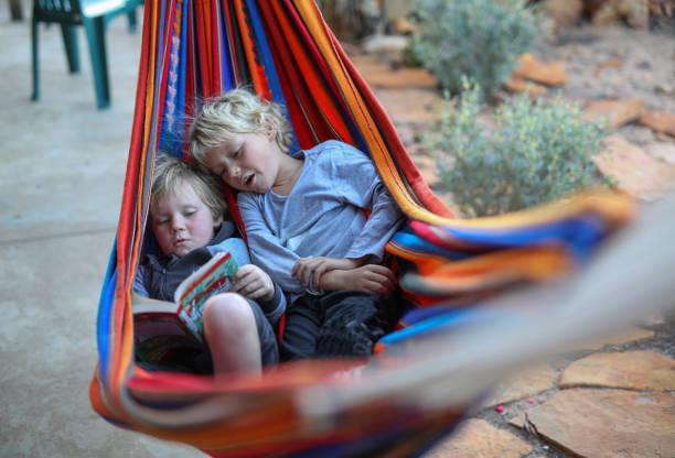 Two brothers are lying together in a hammock while reading from the same paperback book. stock photo