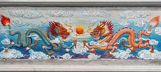 Two Dragon and fire ball painted image at Chinese Temple stock photo