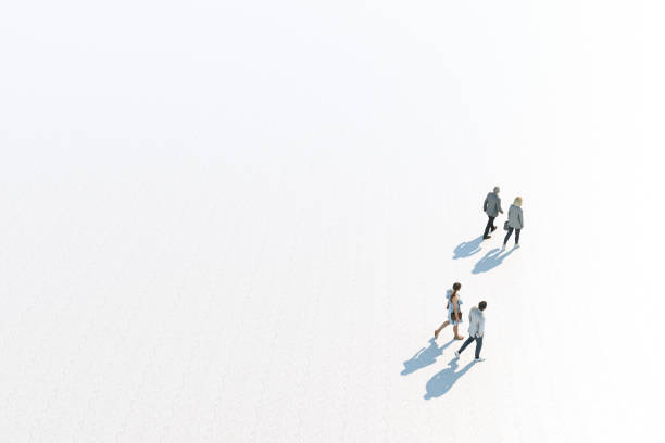 Two Generations Caucasian Family Walking, High Angle View, Isolated Against White, Unrecognizable stock photo