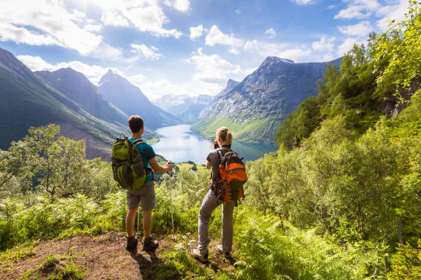 Two hikers at viewpoint  in mountains with lake, sunny summer Two hikers at viewpoint in the mountains enjoying beautiful view of the valley with a lake and sunny warm weather in summer, green trees around norway stock pictures, royalty-free photos & images