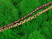 istock Two lines of red gem stones and golden chain on green moss background 1372166458