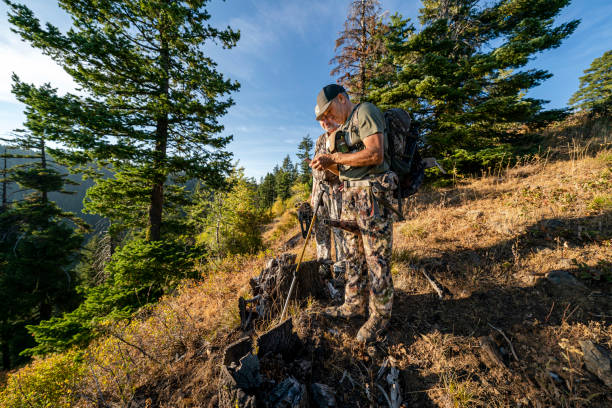 Two men check navigation while hunting elk with crossbow Two bowhunters tracking elk in a mountain range located in the Pacific Northwest region of the USA check their location using GPS on a mobile phone. One of the men is holding a bull elk grunt tube between his knees. The other man is holding a crossbow. hunting sport stock pictures, royalty-free photos & images