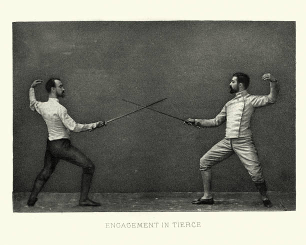Two men fencing, Engagement in tierce, Victorian combat sports, 19th Century stock photo