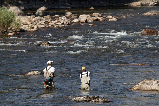 Two Men Fly Fishing in a Mountain River stock photo