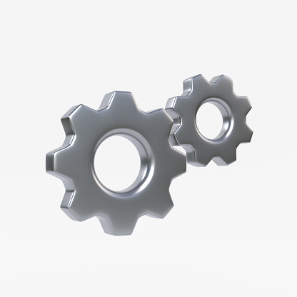 Two metal gears isolated on white background. 3D rendering, 3D illustration