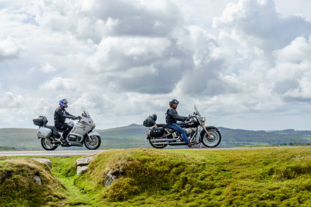 Two motorcyclists on Dartmoor National Park stock photo