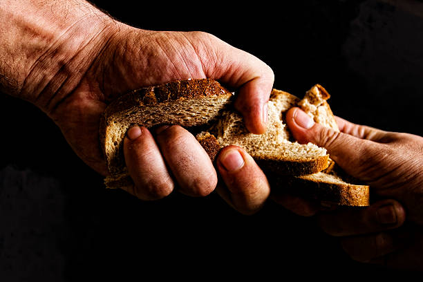 Two people fighting over piece of bread stock photo