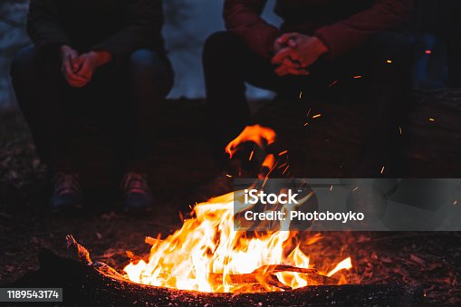 istock Two people sit by the bright bonfire at dusk. 1189543174